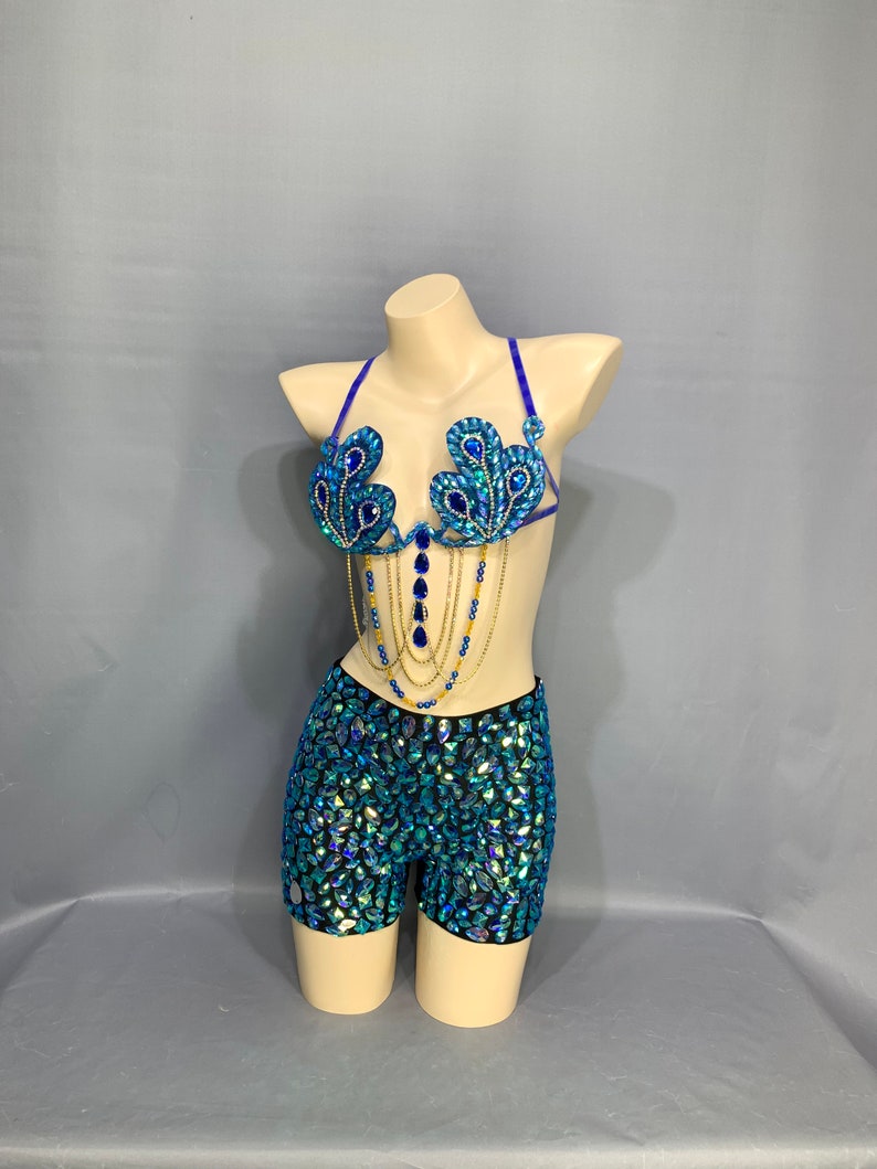 Dance Costume Women's Blue Sequin Peacock Feather Halter Bra Top and Teal Gemstone Shorts Set