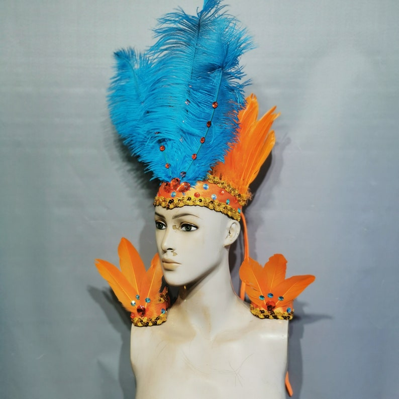 Carnival Headdress and Shoulder Pieces, Blue and Orange Feathered Sequin Embellished Dance Costume Set