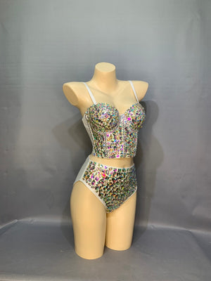 Rhinestone Bustier and High-Waisted Shorts Set, Women's, Iridescent, Crystal Embellished, Two-Piece, Sparkly Dancewear