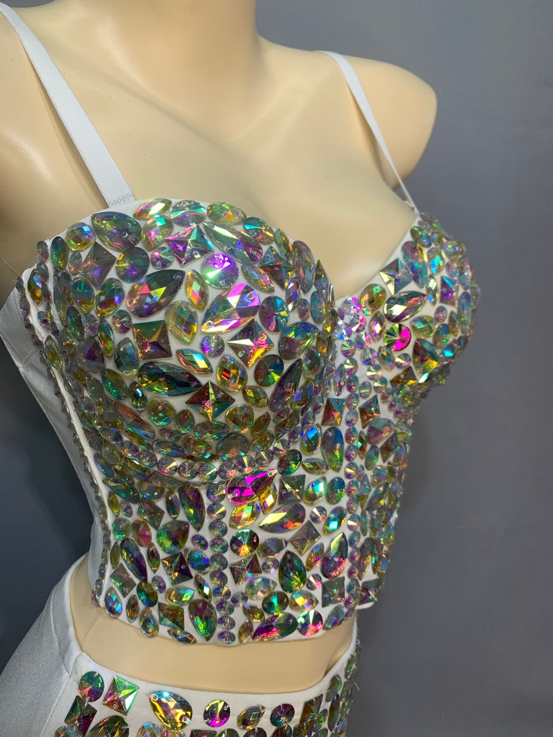 Rhinestone Bustier and High-Waisted Shorts Set, Women's, Iridescent, Crystal Embellished, Two-Piece, Sparkly Dancewear
