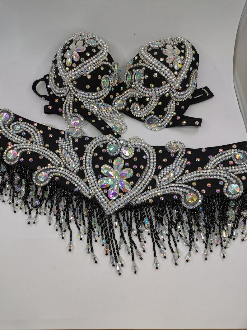 Belly Dance Adult Black Sequin Rhinestone Beaded Halter Bra and Slit Skirt Set