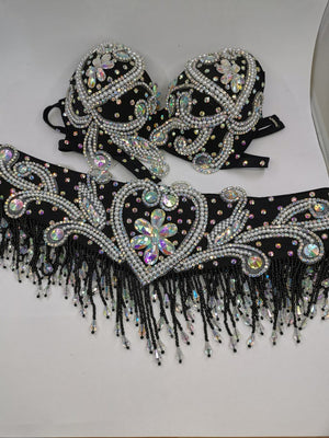 Belly Dance Adult Black Sequin Rhinestone Beaded Halter Bra and Slit Skirt Set