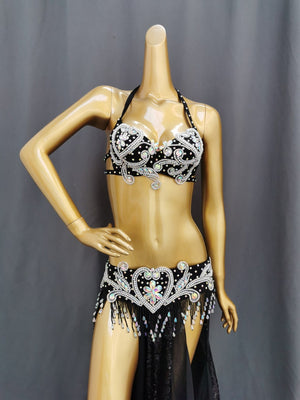 Belly Dance Adult Black Sequin Rhinestone Beaded Halter Bra and Slit Skirt Set