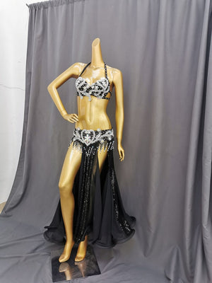 Belly Dance Adult Black Sequin Rhinestone Beaded Halter Bra and Slit Skirt Set