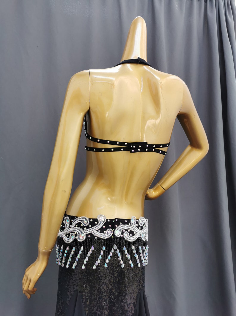 Belly Dance Adult Black Sequin Rhinestone Beaded Halter Bra and Slit Skirt Set