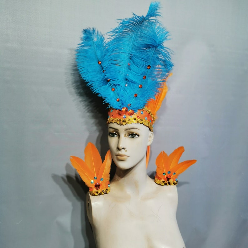 Carnival Headdress and Shoulder Pieces, Blue and Orange Feathered Sequin Embellished Dance Costume Set