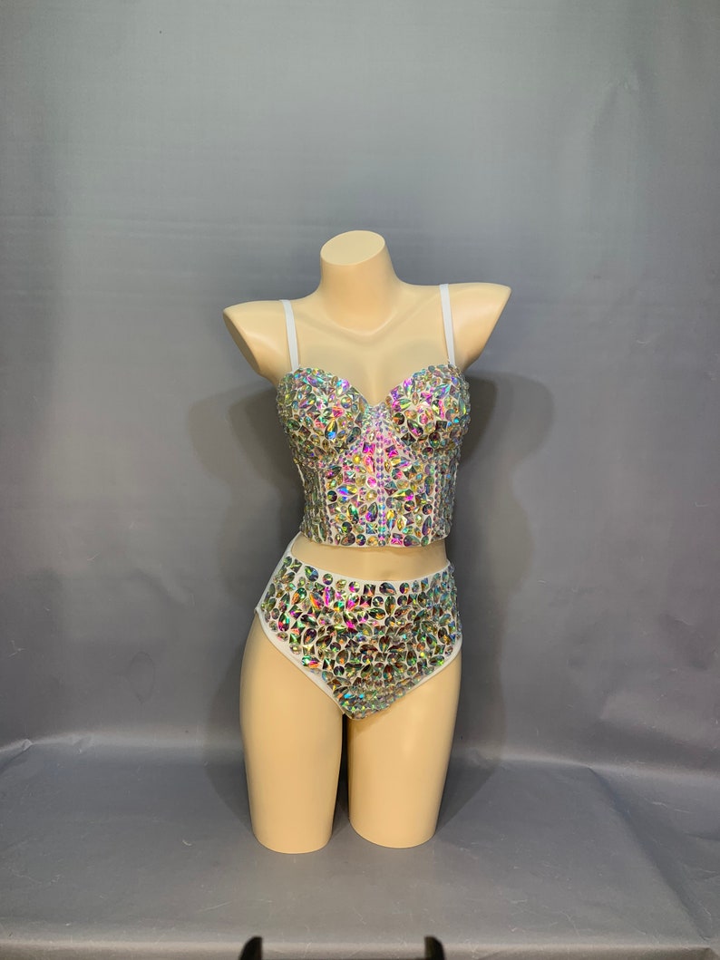 Rhinestone Bustier and High-Waisted Shorts Set, Women's, Iridescent, Crystal Embellished, Two-Piece, Sparkly Dancewear