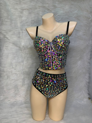 Rhinestone Bustier and High-Waisted Shorts Set, Women's, Iridescent, Crystal Embellished, Two-Piece, Sparkly Dancewear