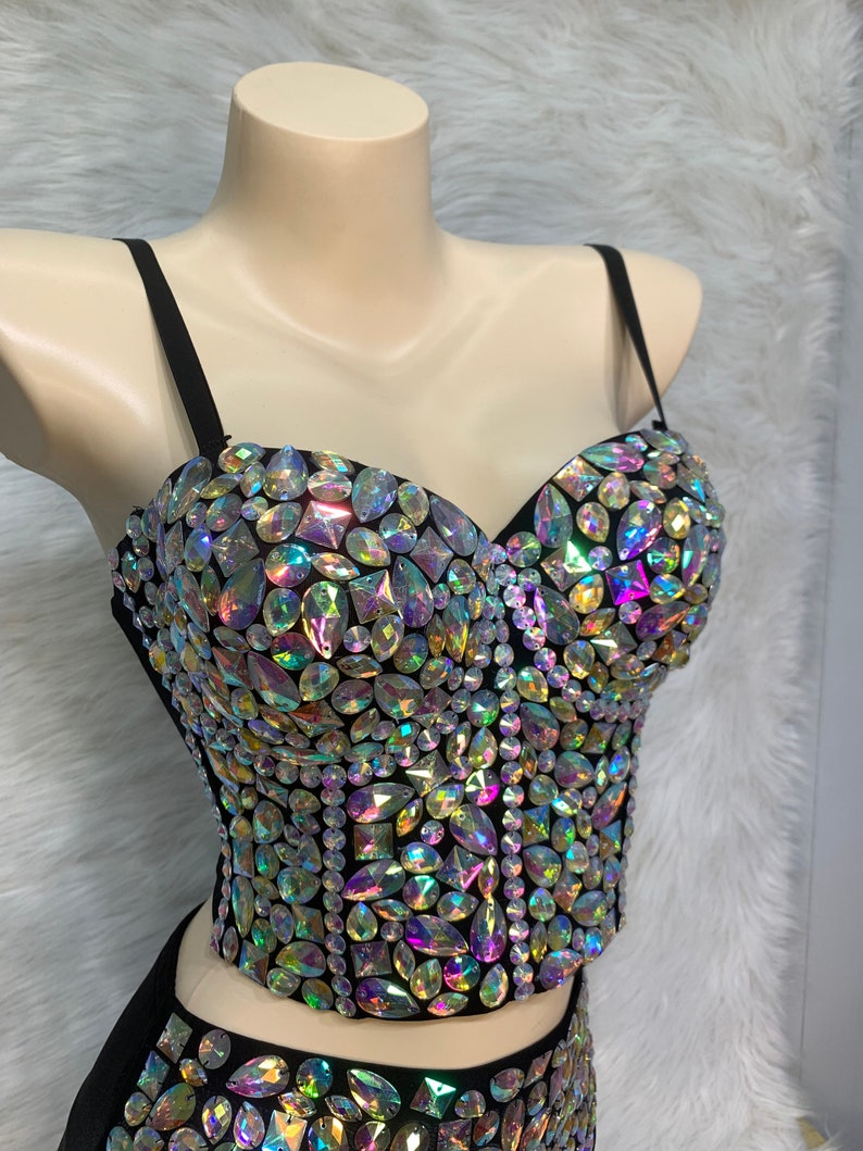 Rhinestone Bustier and High-Waisted Shorts Set, Women's, Iridescent, Crystal Embellished, Two-Piece, Sparkly Dancewear