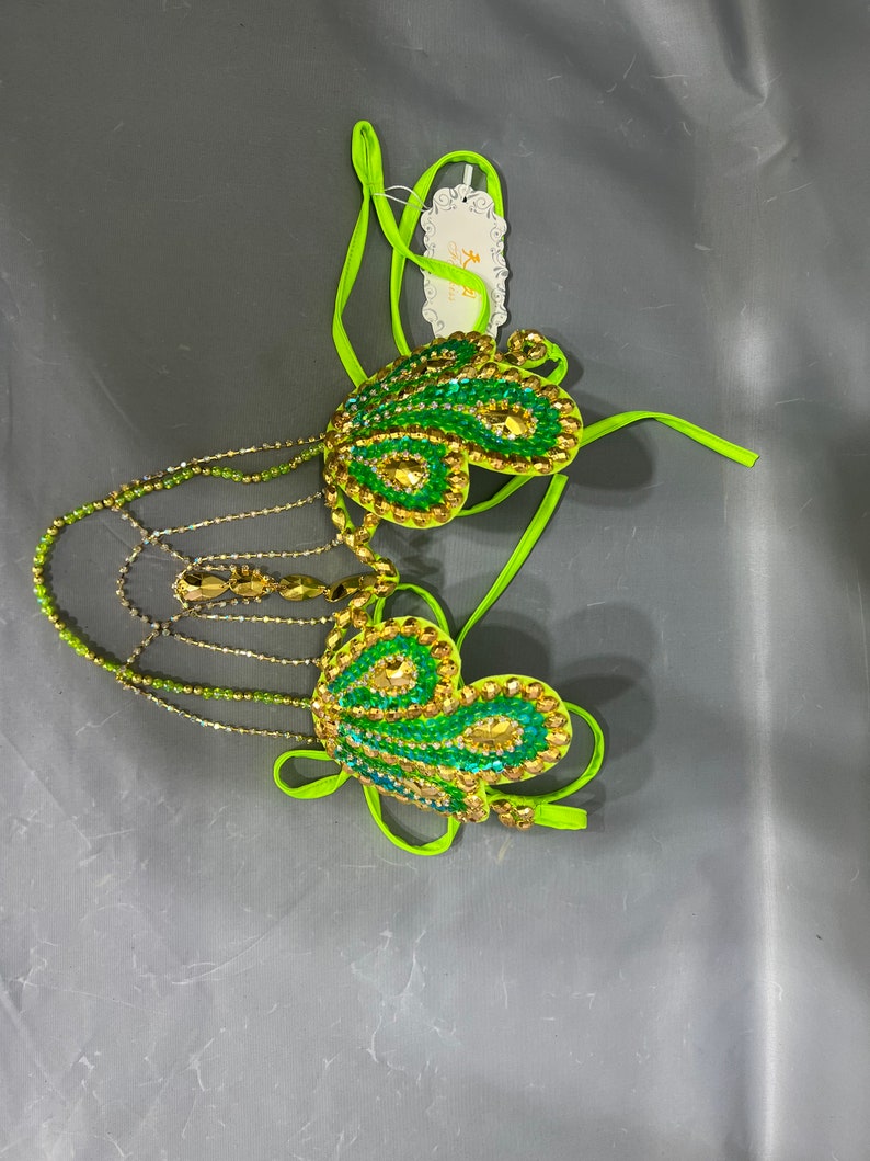 Dance Bra Top, Women's Green & Gold Sequin Beaded Halter, Carnival Samba Salsa Latin