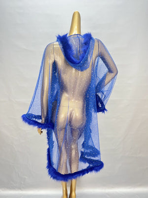 Women's Red Sheer Mesh Faux Fur Trim Rhinestone Long Robe Lingerie