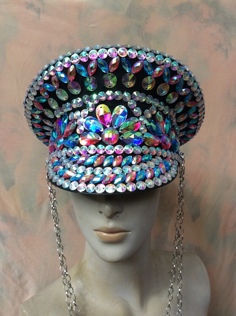 Dance Captain Hat, Adult Unisex, Iridescent Multi-Color Rhinestone Embellished, Black Visor with Chains