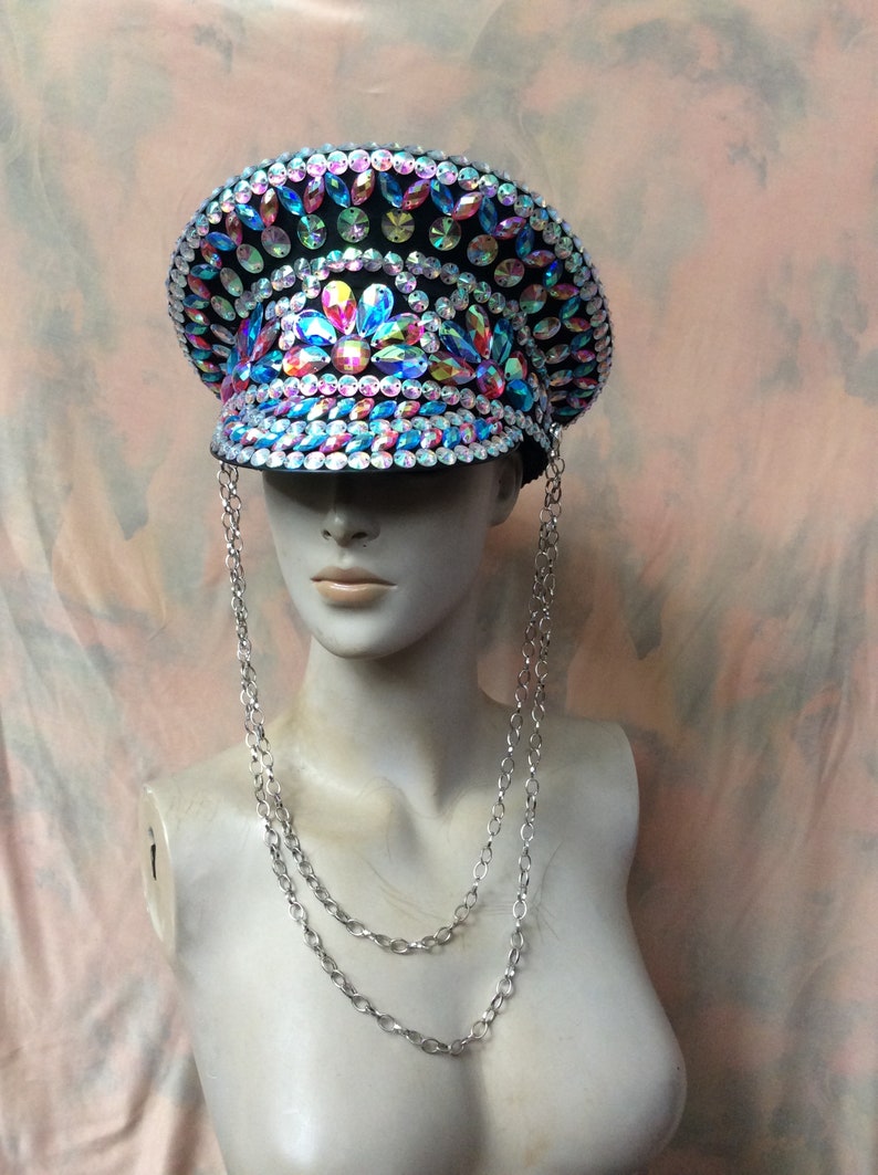 Dance Captain Hat, Adult Unisex, Iridescent Multi-Color Rhinestone Embellished, Black Visor with Chains