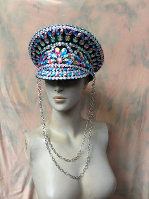 Dance Captain Hat, Adult Unisex, Iridescent Multi-Color Rhinestone Embellished, Black Visor with Chains