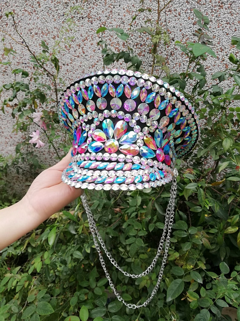 Dance Captain Hat, Adult Unisex, Iridescent Multi-Color Rhinestone Embellished, Black Visor with Chains