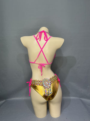 Bikini Set Women's Gold & Pink Rhinestone Embellished Halter Bikini Top & Side-Tie Bottoms for Carnival Dance