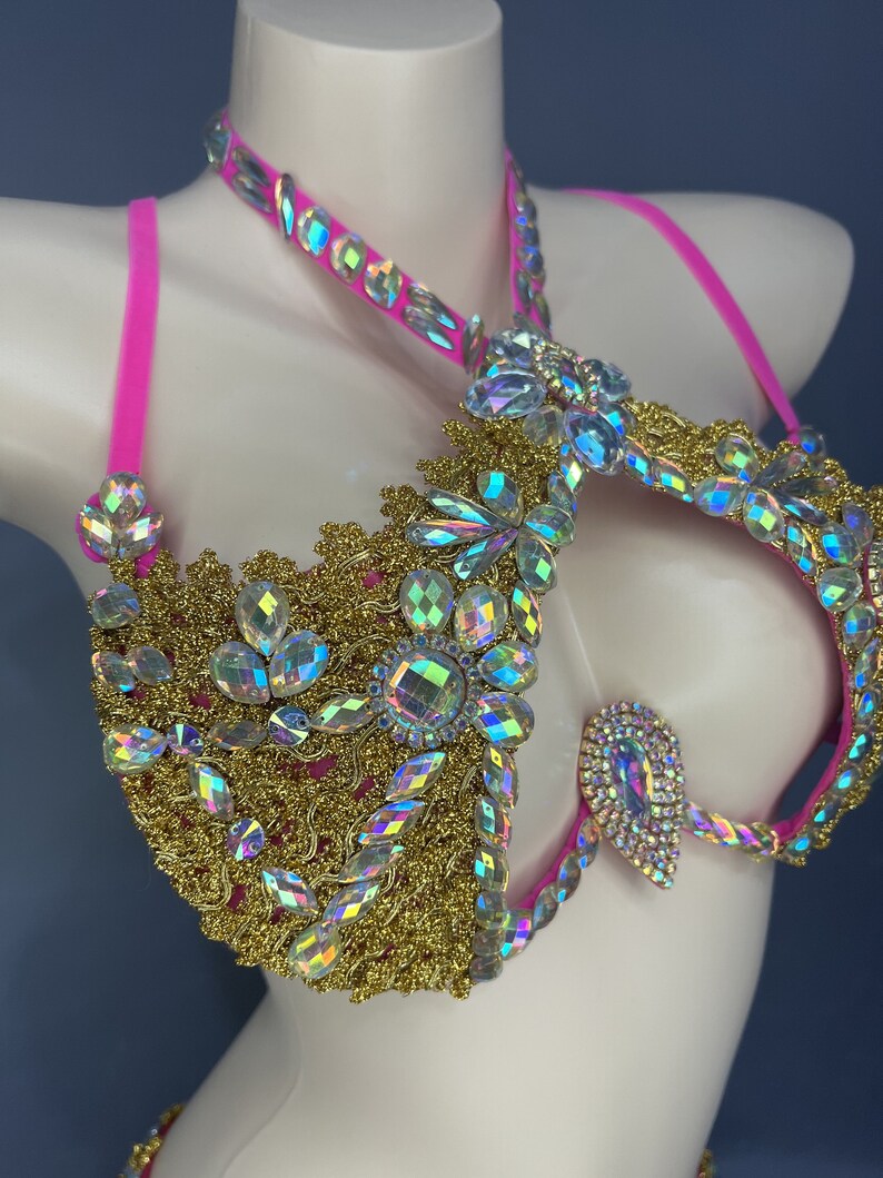 Bikini Set Women's Gold & Pink Rhinestone Embellished Halter Bikini Top & Side-Tie Bottoms for Carnival Dance