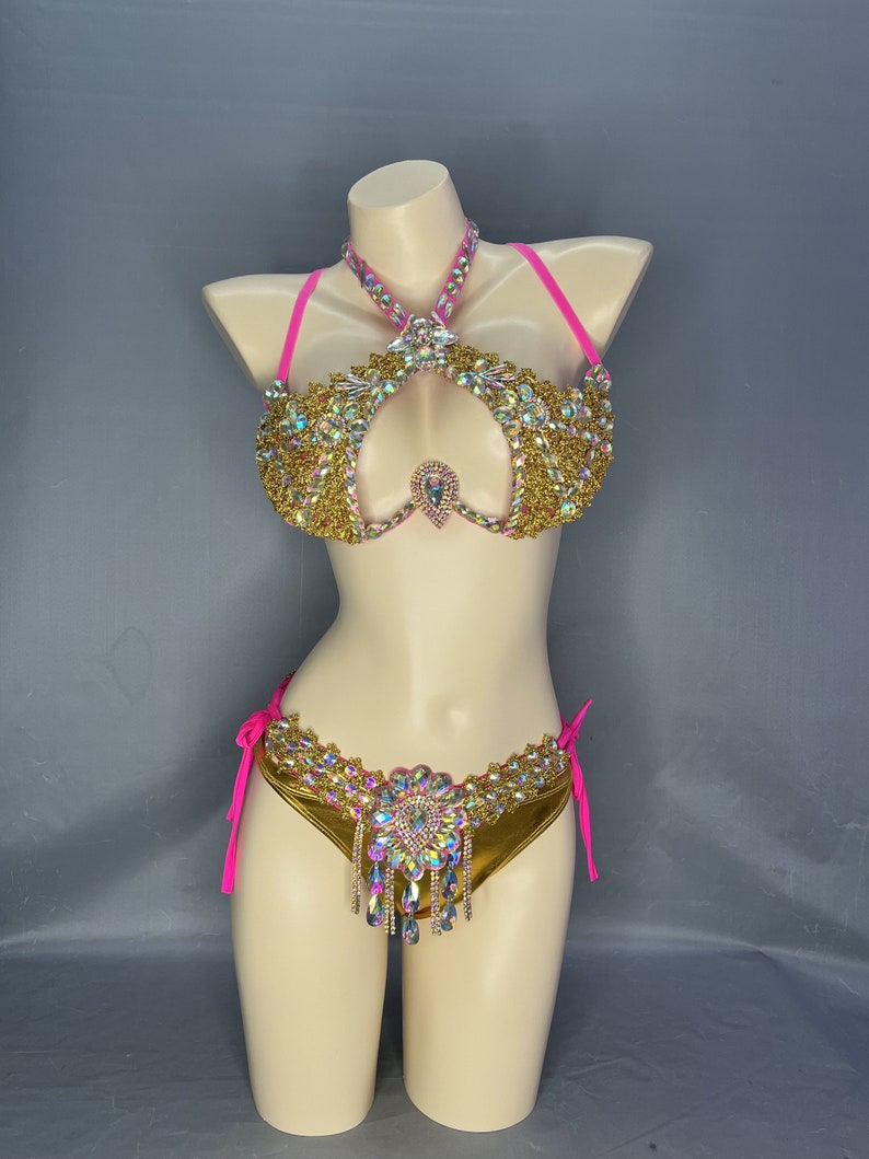 Bikini Set Women's Gold & Pink Rhinestone Embellished Halter Bikini Top & Side-Tie Bottoms for Carnival Dance
