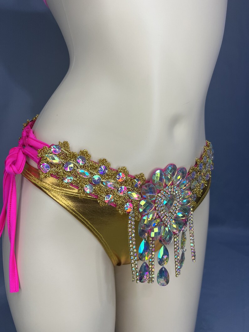Bikini Set Women's Gold & Pink Rhinestone Embellished Halter Bikini Top & Side-Tie Bottoms for Carnival Dance