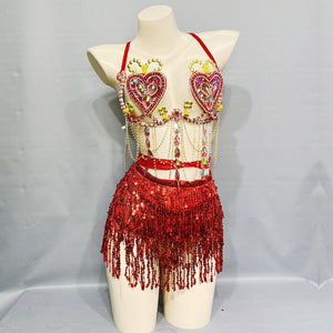 Dance Costume Women's Red Sequin Fringe Heart Rhinestone Halter Bra and Shorts Set