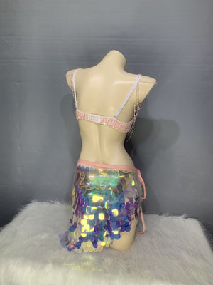 Belly Dance Costume, Women's Pink Sequin Beaded Bra, Iridescent Sequin Hip Scarf, Belly Dance