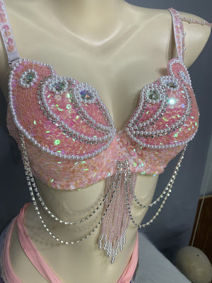 Belly Dance Costume, Women's Pink Sequin Beaded Bra, Iridescent Sequin Hip Scarf, Belly Dance