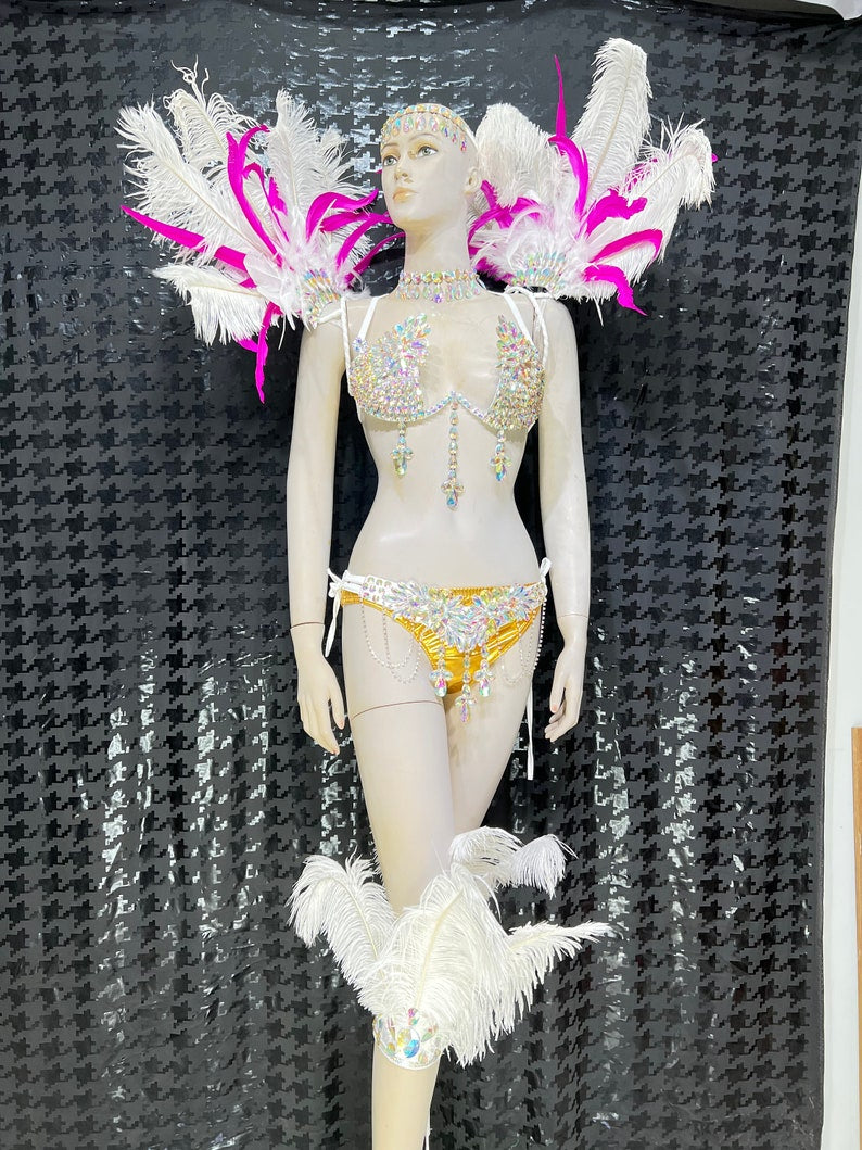 Carnival Dancewear Women's White & Gold Rhinestone & Feather Embellished Bikini Set with Headpiece & Shoulder Accents, Samba/Carnival Dance