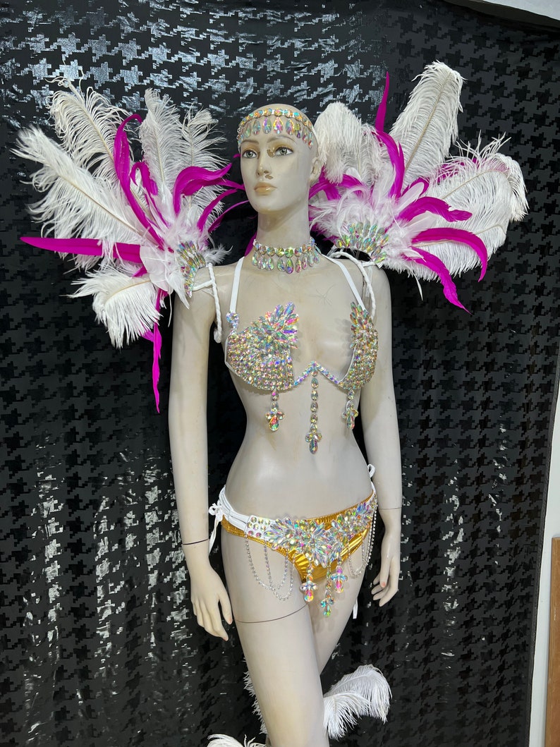 Carnival Dancewear Women's White & Gold Rhinestone & Feather Embellished Bikini Set with Headpiece & Shoulder Accents, Samba/Carnival Dance