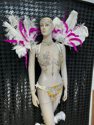 Carnival Dancewear Women's White & Gold Rhinestone & Feather Embellished Bikini Set with Headpiece & Shoulder Accents, Samba/Carnival Dance