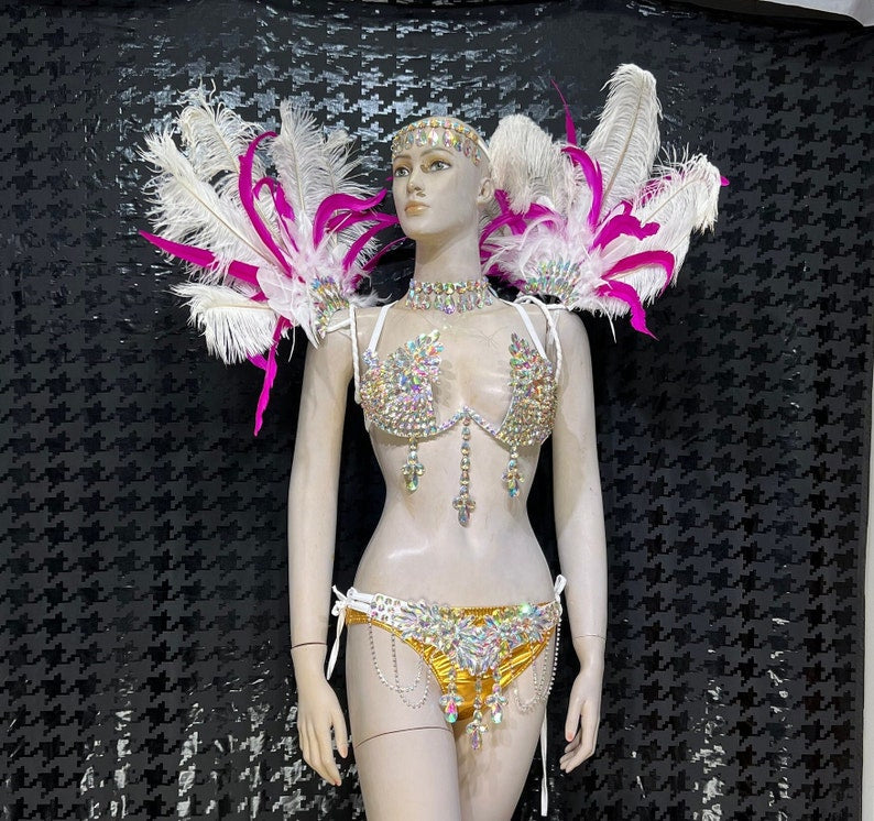 Carnival Dancewear Women's White & Gold Rhinestone & Feather Embellished Bikini Set with Headpiece & Shoulder Accents, Samba/Carnival Dance