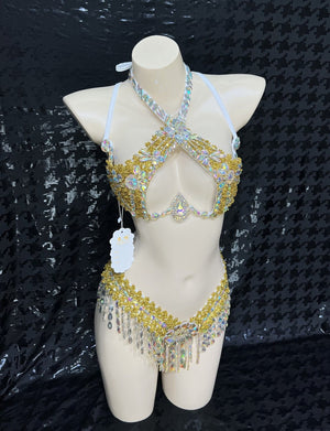 Women's Gold & Iridescent Crystal Halter Top & Hip Scarf Set, Belly Dance Costume