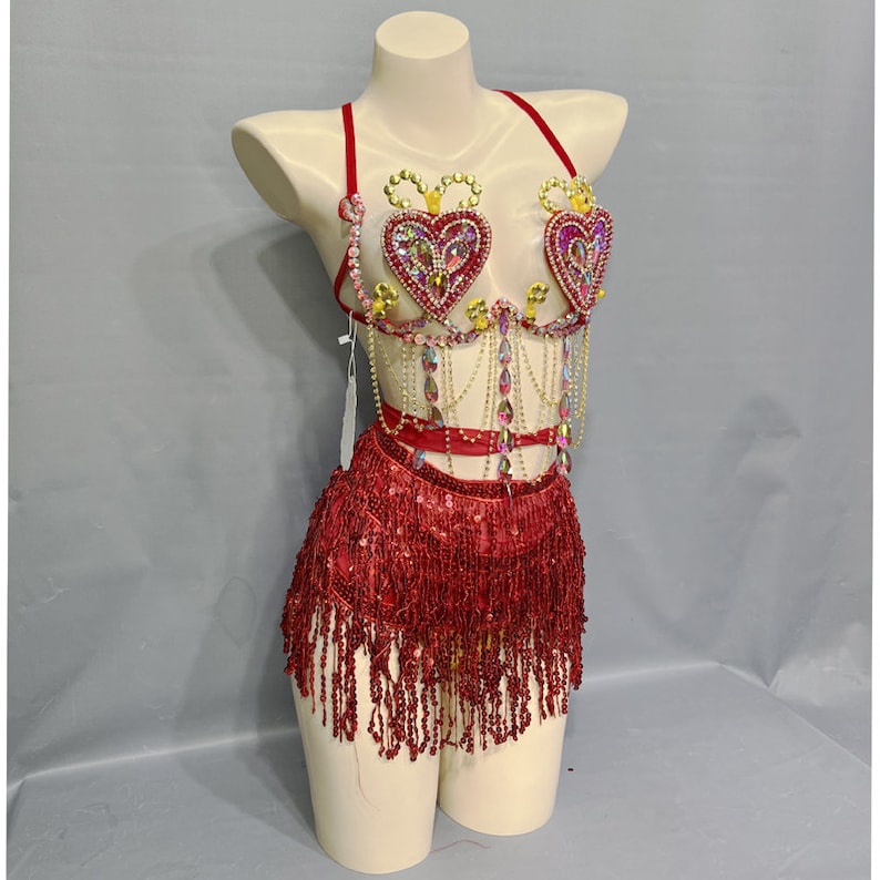 Dance Costume Women's Red Sequin Fringe Heart Rhinestone Halter Bra and Shorts Set