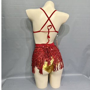 Dance Costume Women's Red Sequin Fringe Heart Rhinestone Halter Bra and Shorts Set