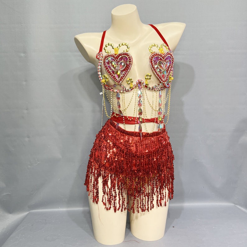 Dance Costume Women's Red Sequin Fringe Heart Rhinestone Halter Bra and Shorts Set
