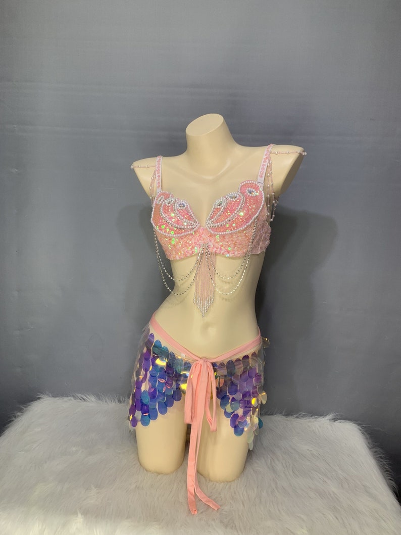 Belly Dance Costume, Women's Pink Sequin Beaded Bra, Iridescent Sequin Hip Scarf, Belly Dance