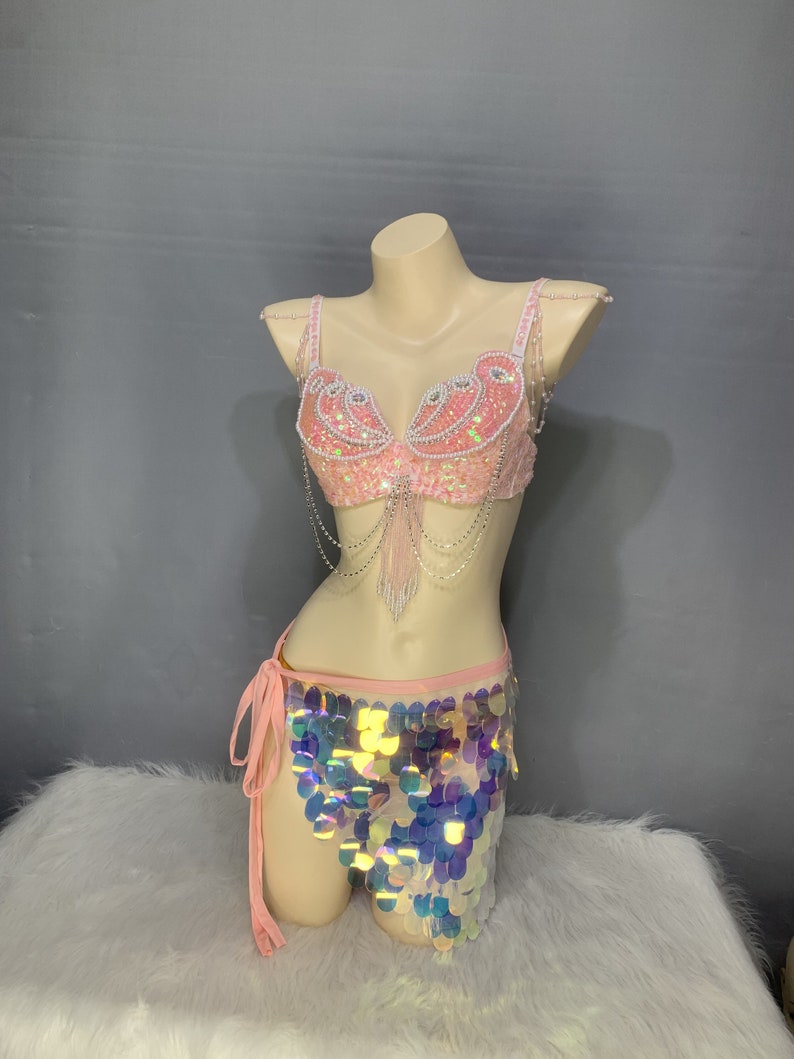 Belly Dance Costume, Women's Pink Sequin Beaded Bra, Iridescent Sequin Hip Scarf, Belly Dance