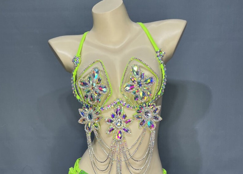 Dance Bra Top, Women's, White, Iridescent Rhinestone Beaded Sequin Chain Fringe, Latin Dance