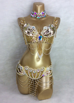 Belly Dance Costume Women Blue Green Sequin Beaded Bra and Hip Scarf Set with Draped Chains and Rhinestone Accents