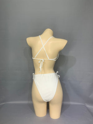 Rhinestone Fringe Two-Piece Set, Women's White Rainbow Crystal Embellished Halter Bra Top and High-Cut Bottom with Side Ties, Latin Dancewear