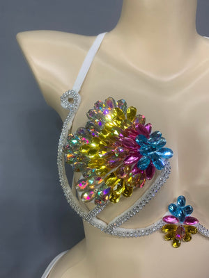 Rhinestone Fringe Two-Piece Set, Women's White Rainbow Crystal Embellished Halter Bra Top and High-Cut Bottom with Side Ties, Latin Dancewear