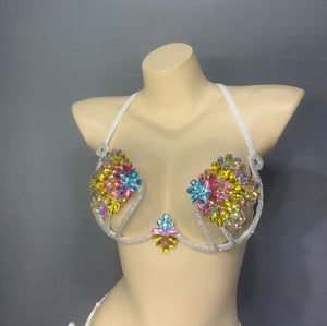 Rhinestone Fringe Two-Piece Set, Women's White Rainbow Crystal Embellished Halter Bra Top and High-Cut Bottom with Side Ties, Latin Dancewear