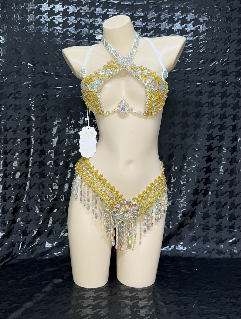 Women's Gold & Iridescent Crystal Halter Top & Hip Scarf Set, Belly Dance Costume