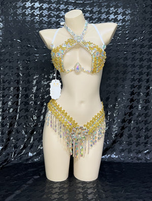 Women's Gold & Iridescent Crystal Halter Top & Hip Scarf Set, Belly Dance Costume