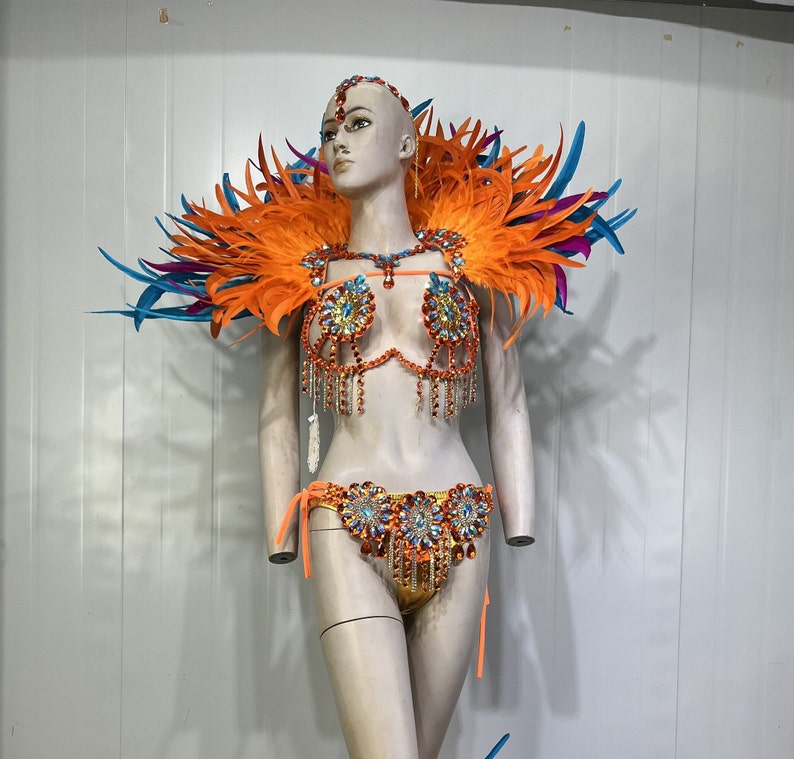 Carnival Adult Female Orange Blue Feathered Sequin Rhinestone Bikini Set with Headpiece and Shoulder Piece for Samba Dance