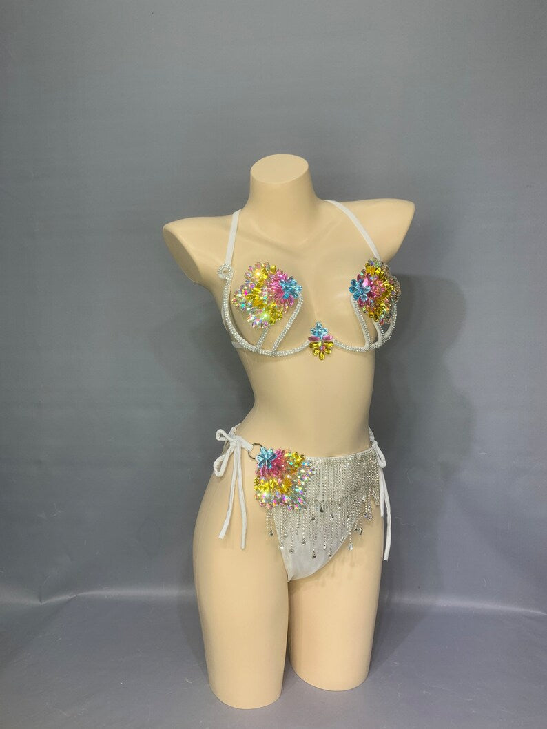 Rhinestone Fringe Two-Piece Set, Women's White Rainbow Crystal Embellished Halter Bra Top and High-Cut Bottom with Side Ties, Latin Dancewear