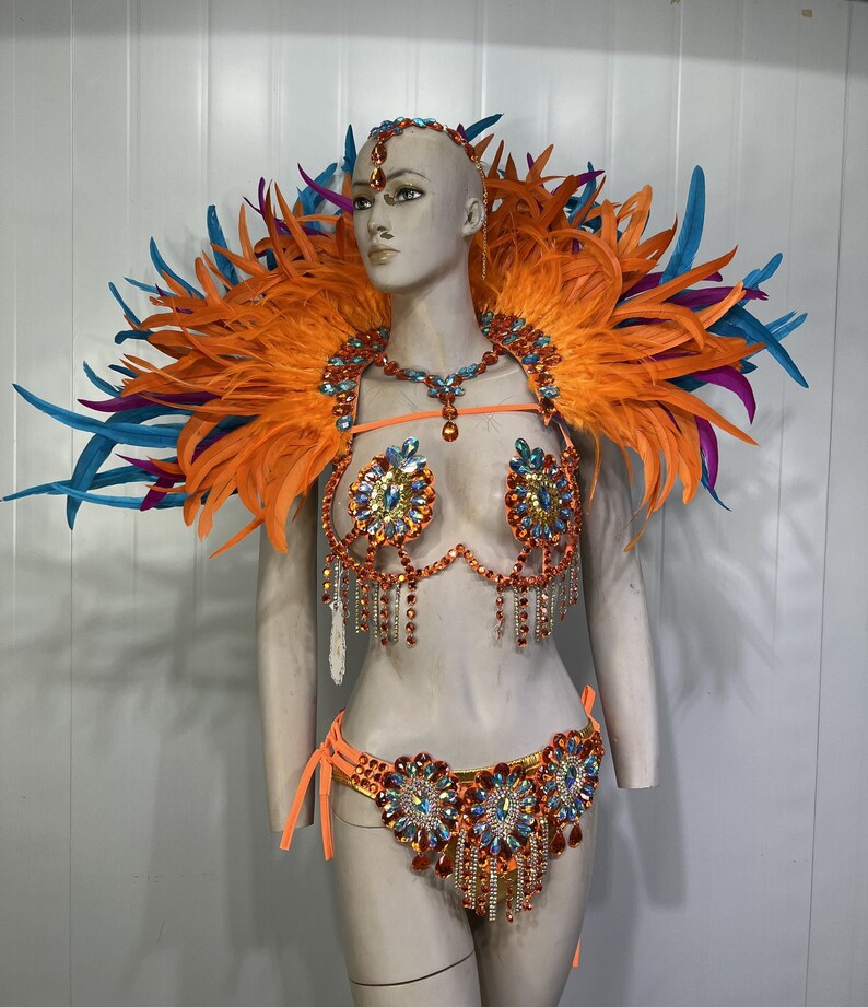 Carnival Adult Female Orange Blue Feathered Sequin Rhinestone Bikini Set with Headpiece and Shoulder Piece for Samba Dance