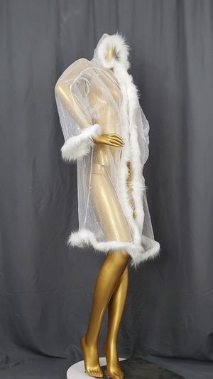 Women's Red Sheer Mesh Faux Fur Trim Rhinestone Long Robe Lingerie