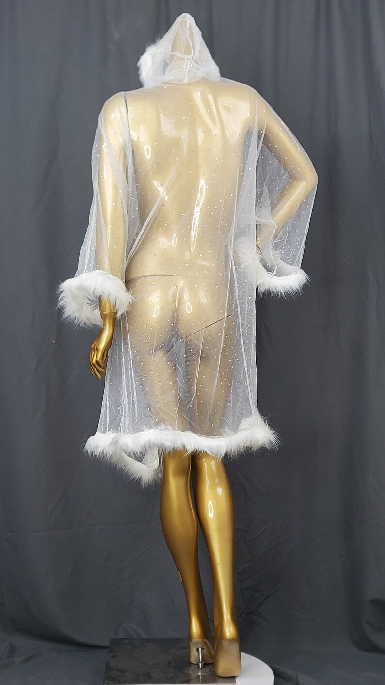 Women's Red Sheer Mesh Faux Fur Trim Rhinestone Long Robe Lingerie