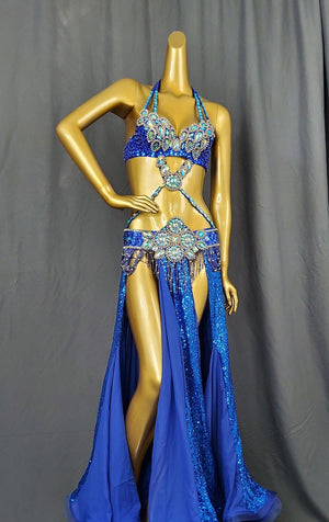 Women's Royal Blue Sequin & Beaded Halter Top Belly Dance Costume with Slit Skirt