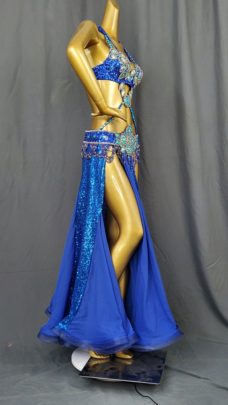 Women's Royal Blue Sequin & Beaded Halter Top Belly Dance Costume with Slit Skirt